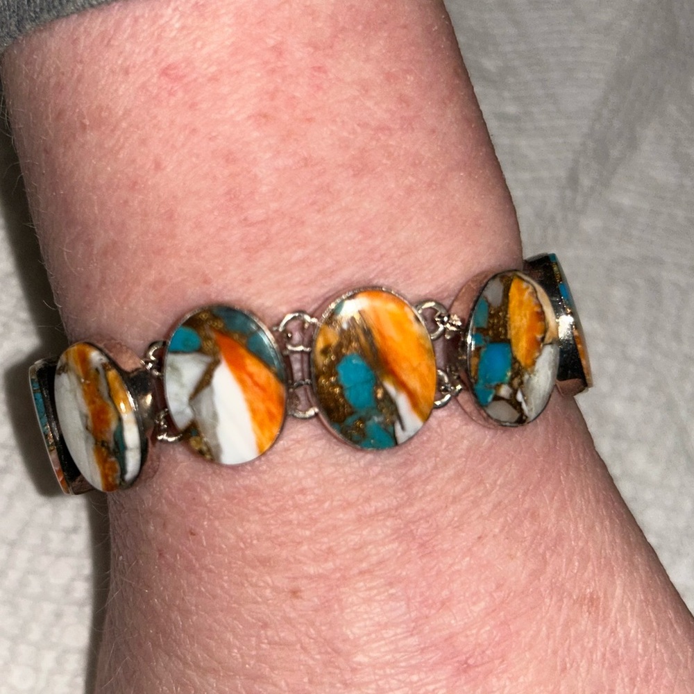 NEW 925 Sterling Silver Spiny Copper Turquoise Oval Link Bracelet